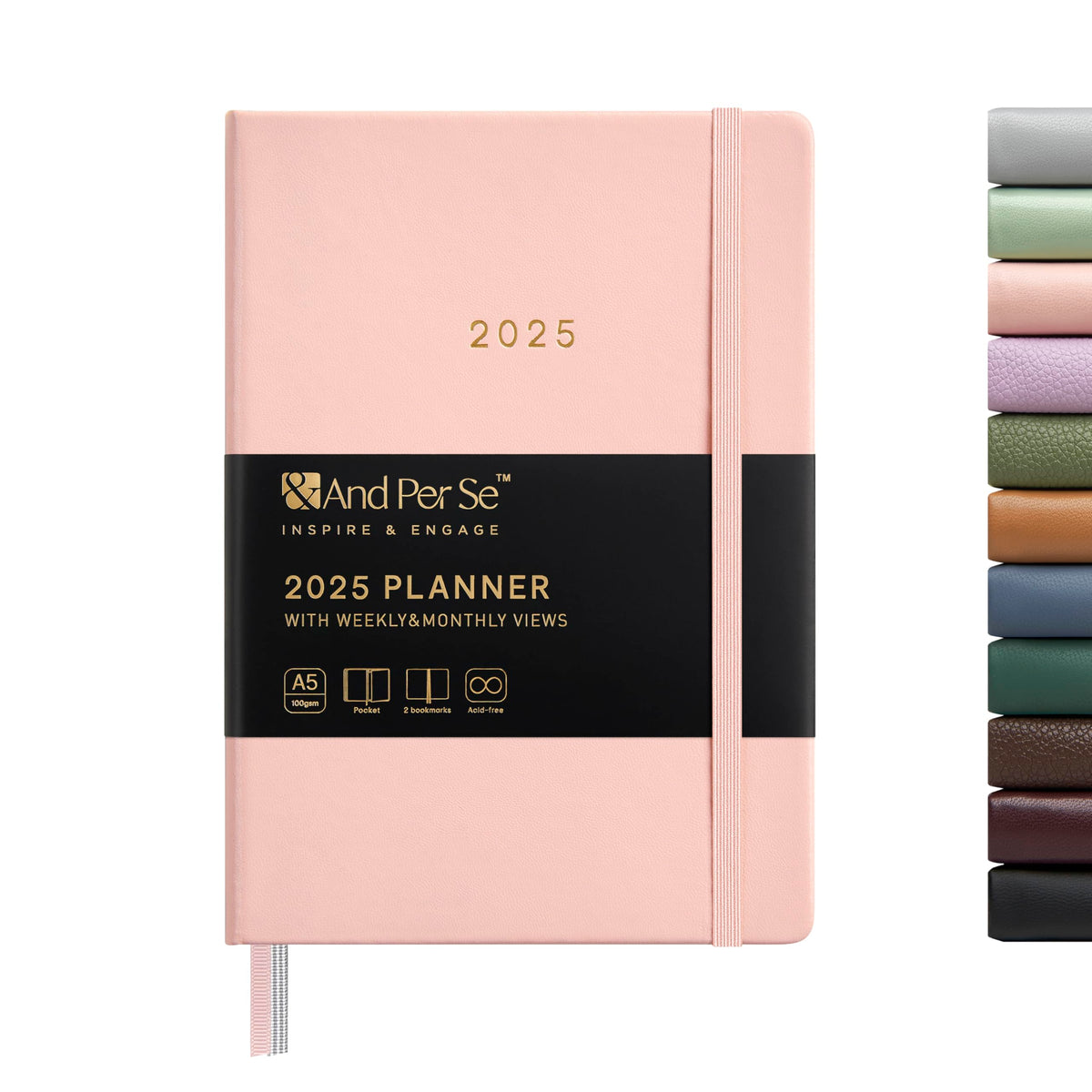 And Per Se 2025 Planner-Daily, Weekly & Monthly Hardcover Planner, 5.7" x 8", Daily Schedule, Monthly Tabs, 100 GSM Thick Paper, Leather Cover, Back Pocket?A5 Size(Pink)