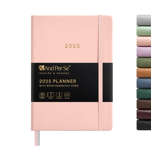 And Per Se 2025 Planner-Daily, Weekly & Monthly Hardcover Planner, 5.7" x 8", Daily Schedule, Monthly Tabs, 100 GSM Thick Paper, Leather Cover, Back Pocket?A5 Size(Pink)