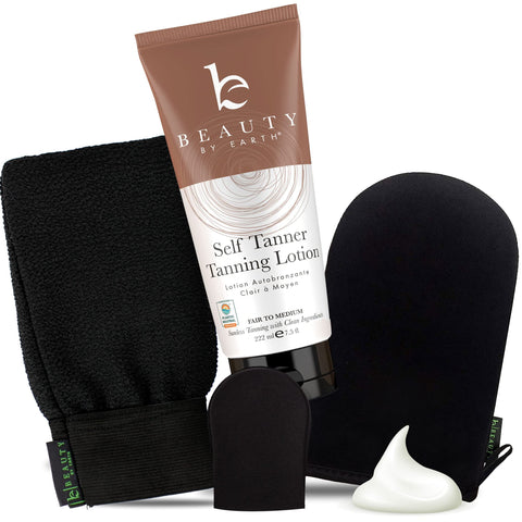 Self Tanner Bundle - Self Tanning Lotion with Self Tanner Mitt, Exfoliating Glove and Face Lotion Applicator for a Streak Free Natural Glow and a Bronze Self Tan - Self Tanning Mitt Provides Even Tan