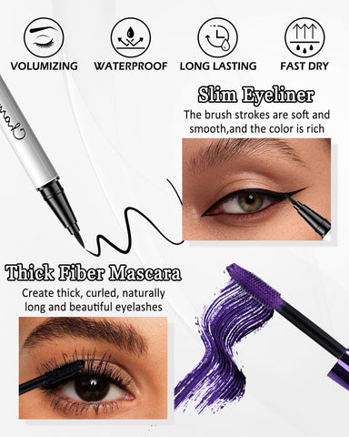 Waterproof Blue Mascara and Eyeliner Pen Set, Smudge-Proof Long-Lasting 4D Colored Mascara Liquid Eyeliner Pencil,Highly Pigmented Lengthening Curling Voluminous Mascara,Colorful Eye Makeup for Women