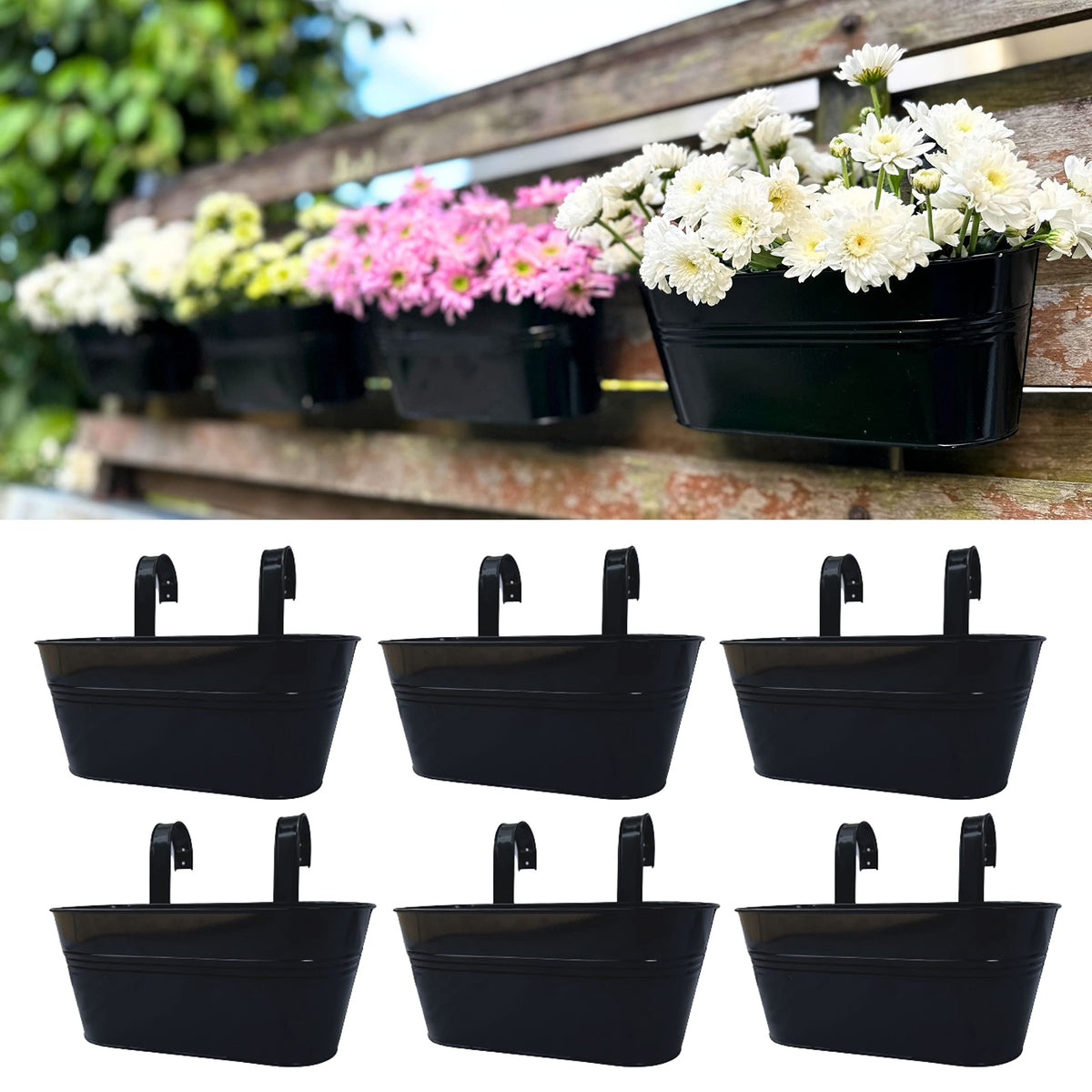 LaLaGreen Outdoor Plants Rail Planter Plants (6 Pack, 11.2 Inch) Black Metal Iron Hanging Flower Pots Deck Railings Fence Buckets Modern Style Wall Mount Window Box Plant Holder with Hooks Porch Decor