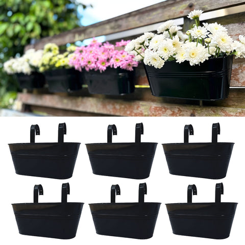 LaLaGreen Outdoor Plants Rail Planter Plants (6 Pack, 11.2 Inch) Black Metal Iron Hanging Flower Pots Deck Railings Fence Buckets Modern Style Wall Mount Window Box Plant Holder with Hooks Porch Decor