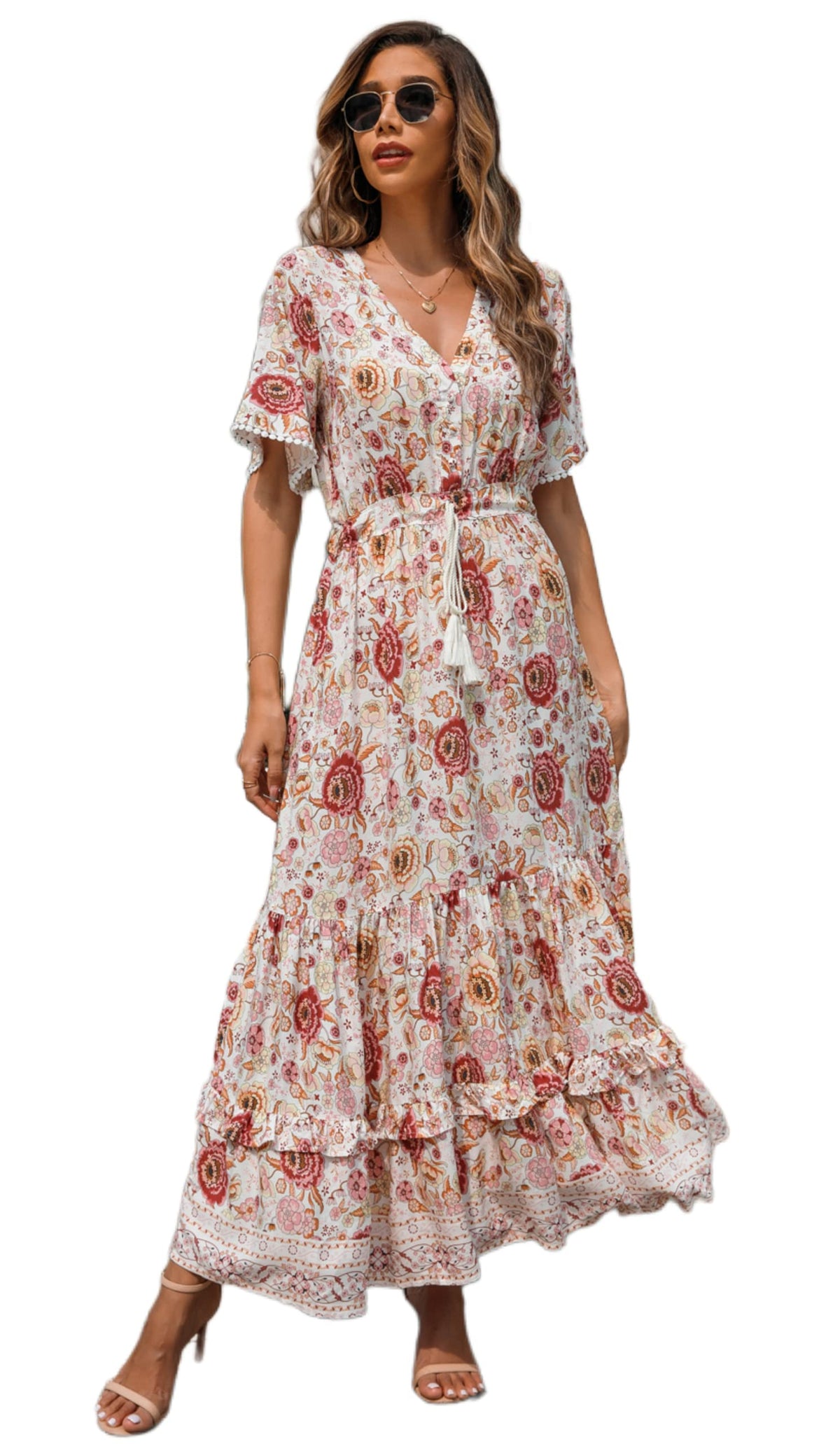 R.Vivimos Women's Summer Boho V Neck Button Up Short Sleeve Bohemian Print Ruffle Hem Beach Style Long Maxi Dress Vacation Dress(Large,WhitePink)