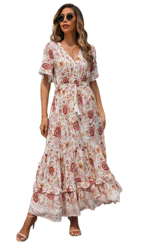 R.Vivimos Women's Summer Boho V Neck Button Up Short Sleeve Bohemian Print Ruffle Hem Beach Style Long Maxi Dress Vacation Dress(Large,WhitePink)