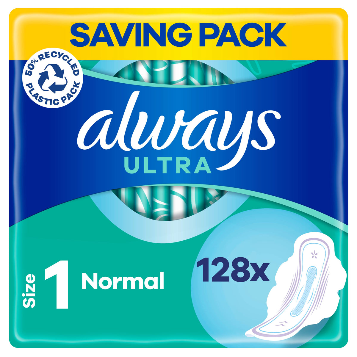 Always Ultra Sanitary Towels with Wings, Size 1, Normal, 128 Towels (32 x 4 packs), Odour Neutraliser, Super Absorbent Core
