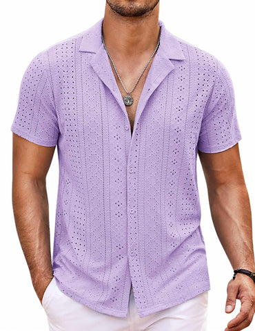 COOFANDY Mens Purple Shirt Casual Button Down Short Sleeve Untucked Shirt Summer Beach Knit Shirts Light Purple