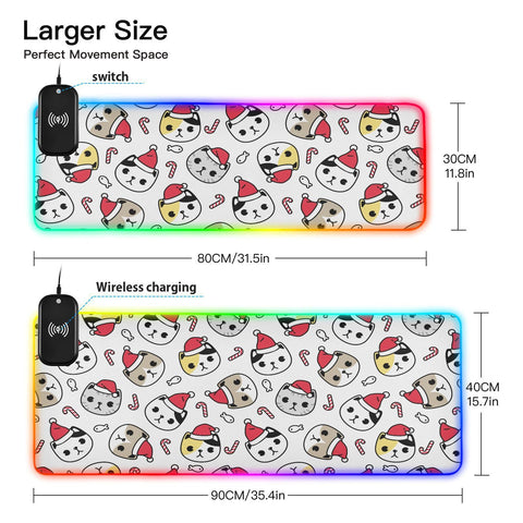 Christmas Cat Santa Wireless Charging Mouse Pad for Mobile Phone Extra Large Gaming Mousepad with 13 Lighting Modes Computer Mat for Office Home Gaming MacBook PC Laptop Desk