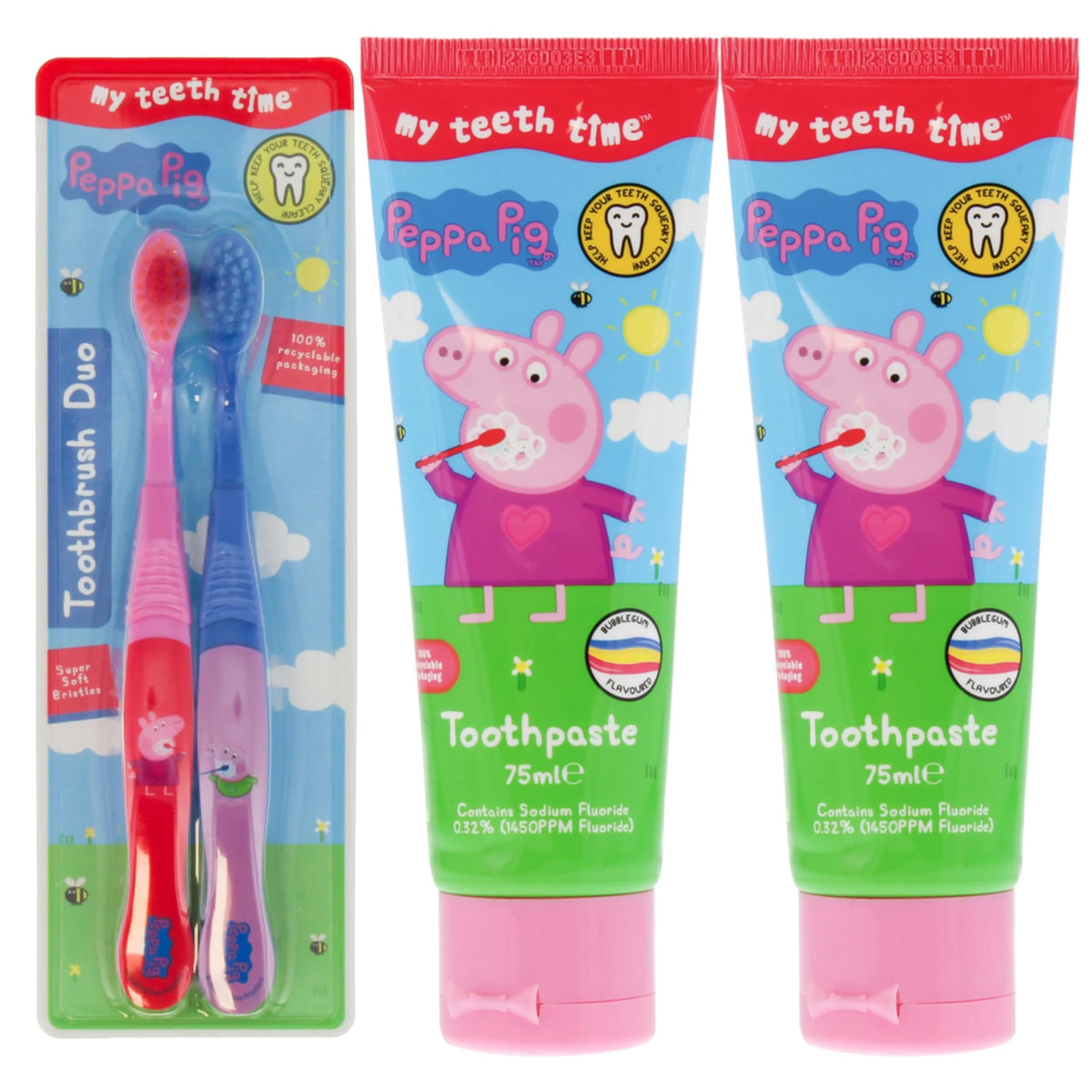 Peppa Pig Kids Toothpaste and Duo Toothbrush Dental Care Set - Bubblegum Flavoured Fluoride Toothpaste, 2 pk Plus Soft Bristle Manual Toothbrushes for Boy Girl, Fun Travel Tooth Brush+Cheeroo Magnet
