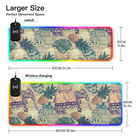 Elephant Pineapple Vintage Wireless Charging Mouse Pad for Mobile Phone Extra Large Gaming Mousepad with 13 Lighting Modes Mouse Mat for Gaming MacBook PC Laptop Desk Office Home