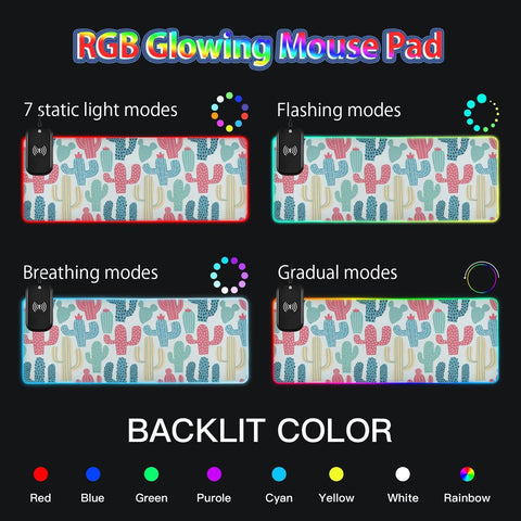 Cute Cactus Wireless Charging Mouse Pad for Mobile Phone Extra Large Gaming Mousepad with 13 Lighting Modes Extended Desk Mat for Office Home Gaming MacBook PC Laptop Desk