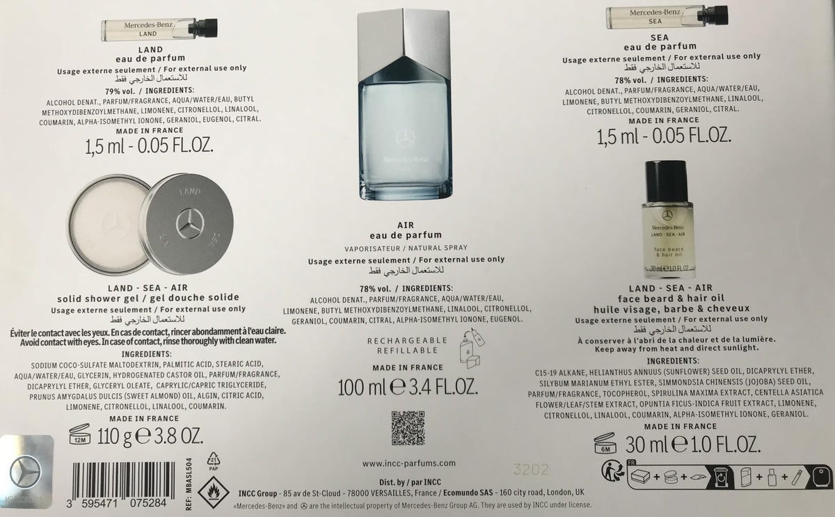 Mercedes-Benz Air for Men - 5 Pc Gift Set 3.4oz EDP Spray, 0.05oz Sea EDP Spray, 0.05oz Land EDP Spray, 1oz LSA Face Beard and Hair Oil, 3.8oz LSA Solid Shower Gel