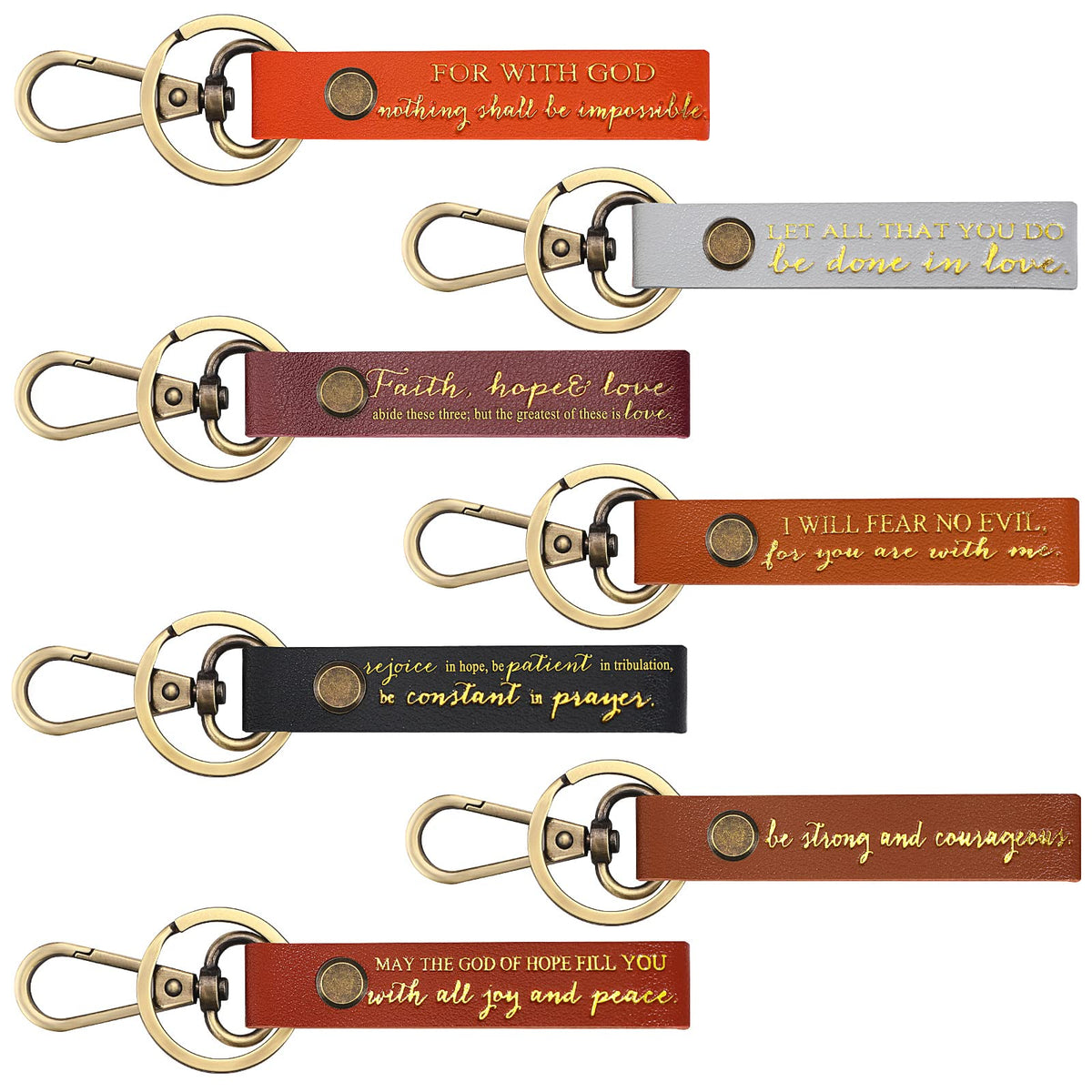 Sureio 7 Pcs Christian Quote Key Chains Religious Bible Verse Keychains PU Leather Keychain Strap Inspirational Engraved Teacher Gift (Dark Color)