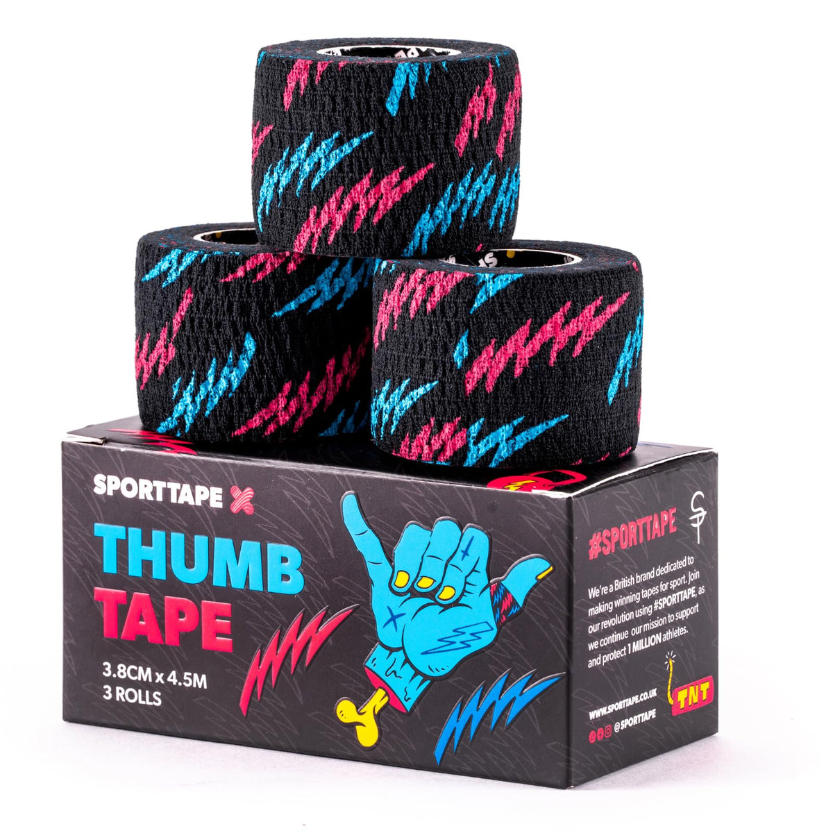 SPORTTAPE 3 Rolls Weightlifting Thumb Tape - Punk | CrossFit Tape with Sweatproof Adhesive | Easy Tear Grip Tape | Weightlifting Tape for Hook Grip, Olympic Lifting & Powerlifting - 3.8cm x 4.5m