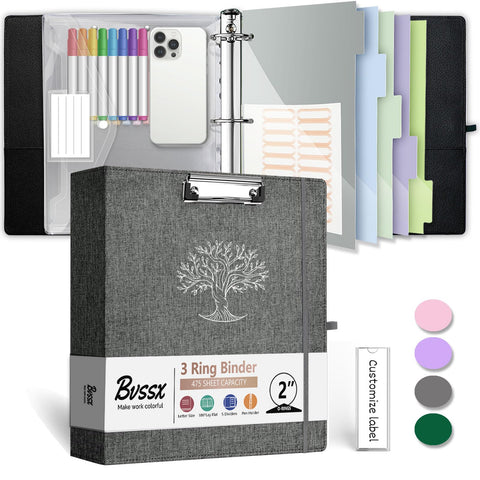 BVSSX 3 Ring Binder, 2 Inch Three Ring Linen Leather Binder Organizer with Clipboard for Letter Size Paper, Transparent Folder, 5 Tab Dividers, File Folder Labels, Pen Loop, Elastic Strap (Dark Grey)