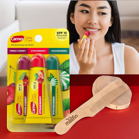 Bundle of Wooden Comb - 18cm - 17g - Pale, and Daily Care Moisturizing Lip Balm Pack, Lip Balm With Sunscreen in Fr, Pack of 3