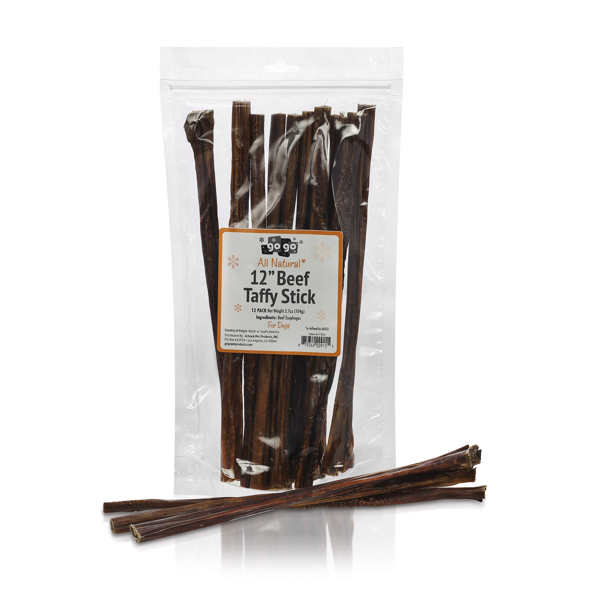 GOGO 12 Inch Beef Moo Taffy Sticks, Free Range, Beef Taffy Dog Treats - 12 Pack Bag