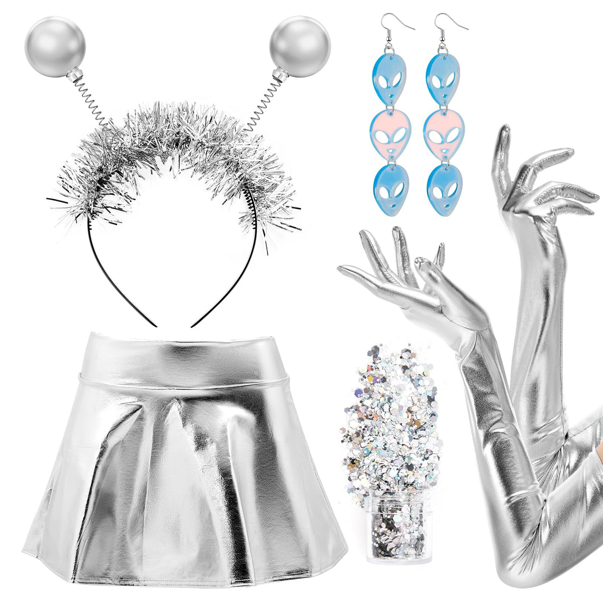 SATINIOR Carnival Alien Costume Include Silver Glitter Ball Boppers Long Evening Gloves Dangle Earrings Aliens Acrylic Earrings Shiny Metallic Skirt Body Glitter Elbow Gloves for Dress Cosplay (L)