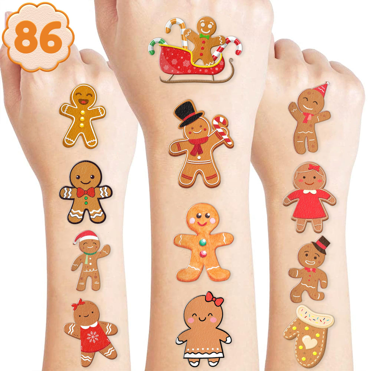 Gingerbread Man Temporary Tattoos for Kids | Merry Christmas Themed Birthday Party Decorations Supplies Favors and Gifts Super Cute Noel Santa Fake 86PCS Tattoos Stickers for Boys Girls School Rewards