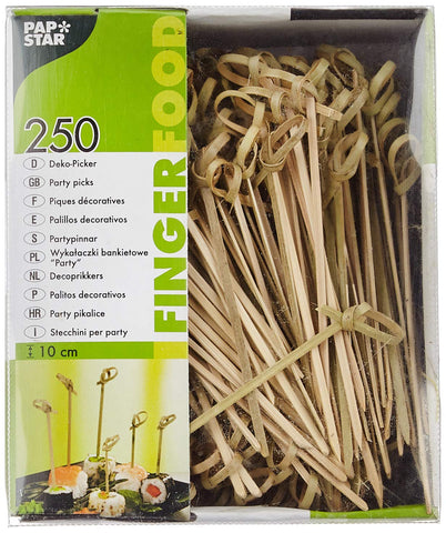 Papstar Finger Food Skewers Wooden Skewers Knots (Pack of 250) 10cm Natural Wood Skewers Made of Bamboo with Original Knot for Finger Food, Small Snacks, Antipasti and Cocktails, Stylish Design