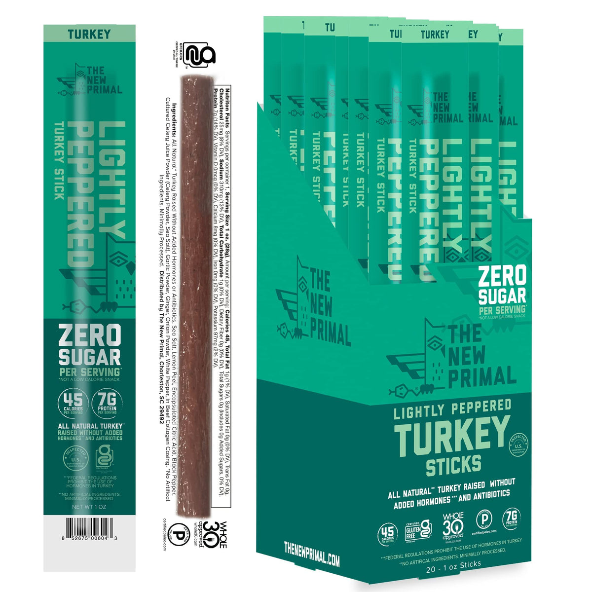 The New Primal 100% Free-Range Lightly Peppered Turkey Stick, Whole30 & Paleo Approved, Gluten, Dairy & Soy Free, 1 Oz (Pack of 20)