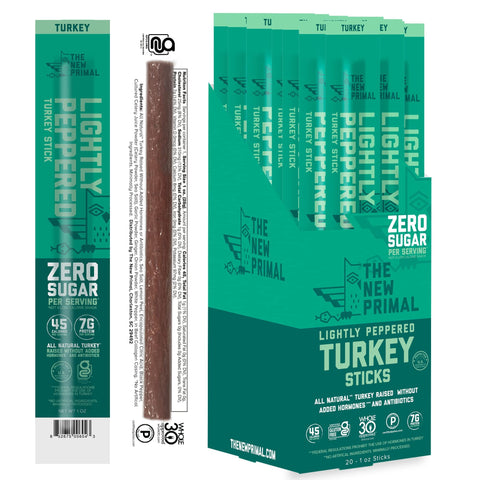 The New Primal 100% Free-Range Lightly Peppered Turkey Stick, Whole30 & Paleo Approved, Gluten, Dairy & Soy Free, 1 Oz (Pack of 20)