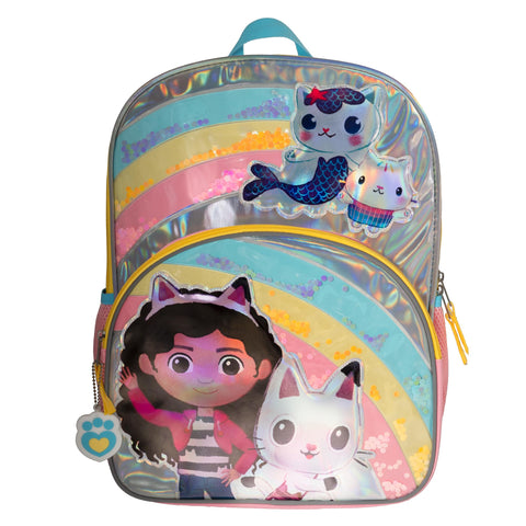 AI ACCESSORY INNOVATIONS Gabbyâ€™s Dollhouse 16â€ Backpack, Girls Iridescent Rainbow School Bag With Floating Confetti, Pink