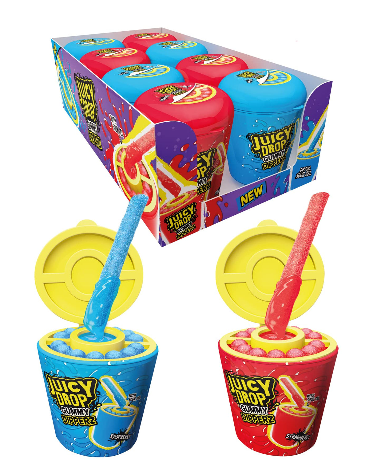 Juicy Drop Gummy Dipperz (x8 Pots | 2 flavours | Raspberry | Strawberry | Dip "N" Stix))