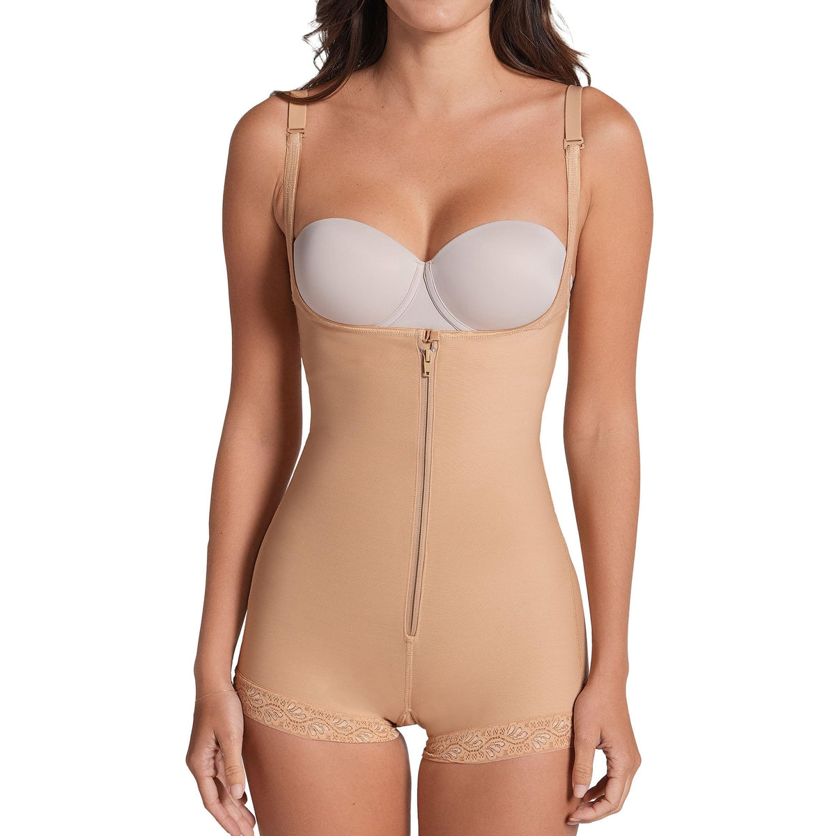 Leonisa Women's Slimming Braless Firm Tummy Compression Body Shaper in Boyshort with Rear Lift,Beige,Small