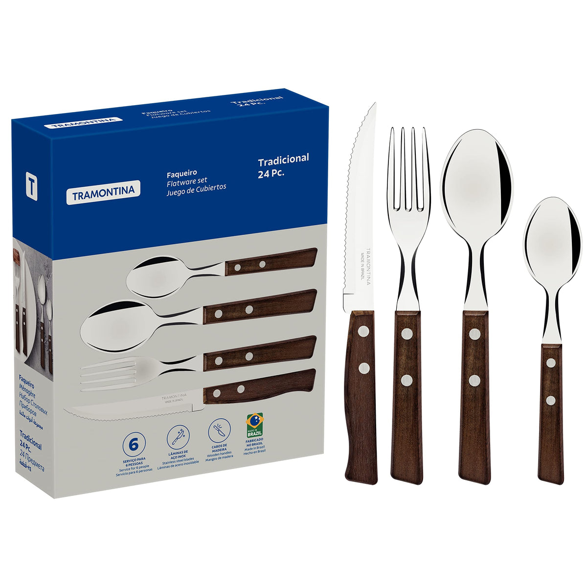 Tramontina Cutlery Set with Steak Knives, 24 Piece Sharp Knife, Forks, Teaspoons, Tablespoons with Wooden Handles, Camping, Kitchen, Rustic, 22299050