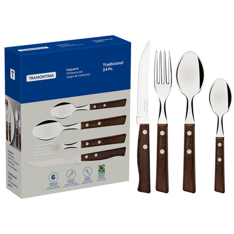 Tramontina Cutlery Set with Steak Knives, 24 Piece Sharp Knife, Forks, Teaspoons, Tablespoons with Wooden Handles, Camping, Kitchen, Rustic, 22299050