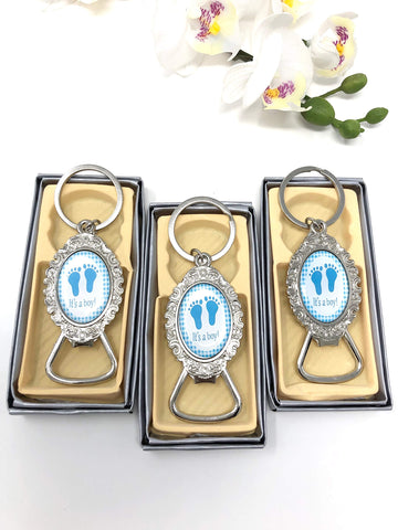 12 New Baby Shower Blue Boy Baby Foot Design Keychain With Bottle Opener Party Favor Set