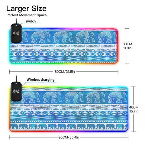 Boho Elephants Wireless Charging Mouse Pad for Mobile Phone Extra Large Gaming Mousepad with 13 Lighting Modes Mouse Mat for Gaming MacBook PC Laptop Desk Office Home