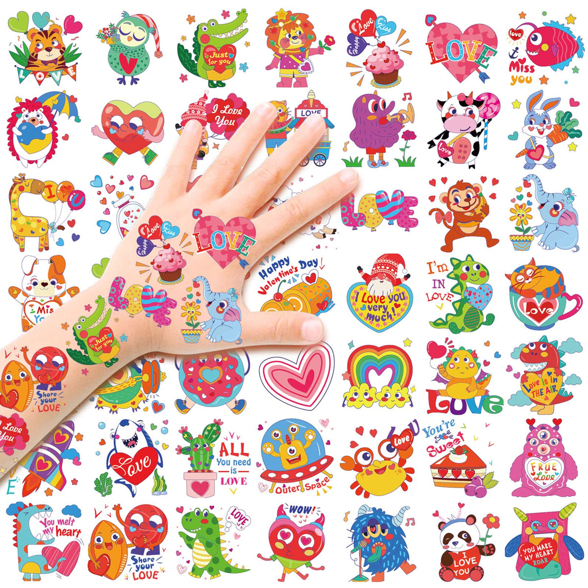 96 pcs Valentines Love Heart Assorted Cute Designs Temporary Tattoos, 48 Designs Waterproof Tattoo Stickers for Boys Girls Kids Party Favors,Valentine's Gift Exchange Classroom School Prizes