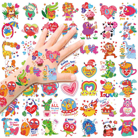 96 pcs Valentines Love Heart Assorted Cute Designs Temporary Tattoos, 48 Designs Waterproof Tattoo Stickers for Boys Girls Kids Party Favors,Valentine's Gift Exchange Classroom School Prizes