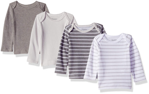 Hanes Kids Long-Sleeve Undershirt, Flexy Soft Knit Expandable Shoulder Pullover for Babies & Toddlers, 4-Pack, Grey/White/Stripes, 0-6 Months