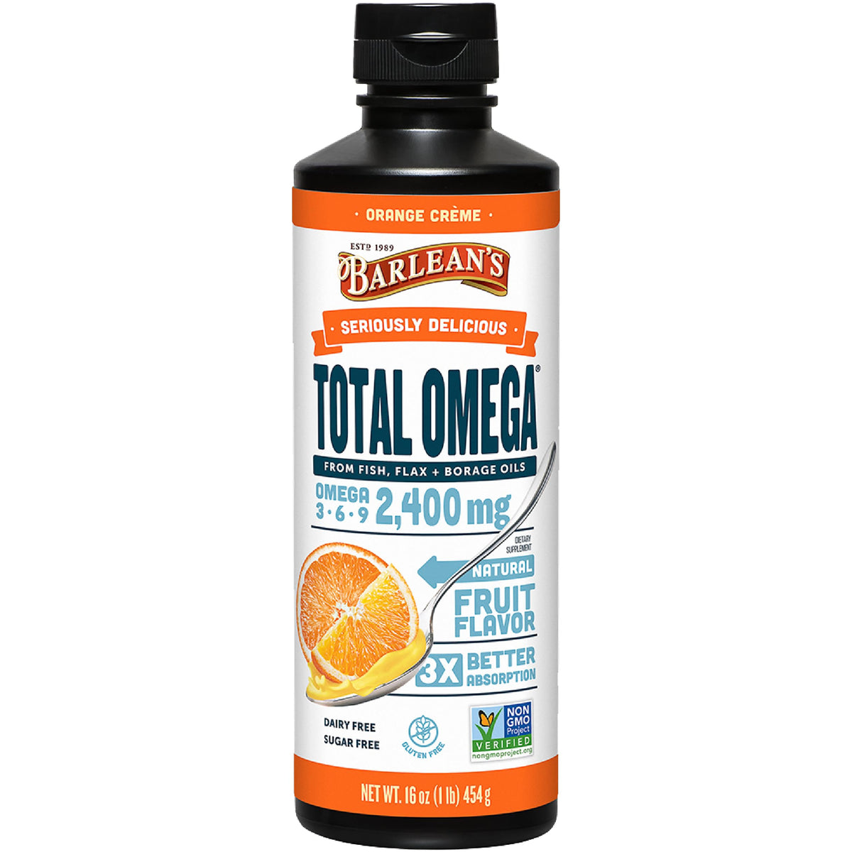 Barlean's Total Omega 3 Fish Oil Liquid Supplement, Orange CrÃ¨me Flavored with Borage Oil and Flaxseed Oil, 2,400 mg of Omegas 3 6 9 EPA and DHA Plus GLA, 16 oz