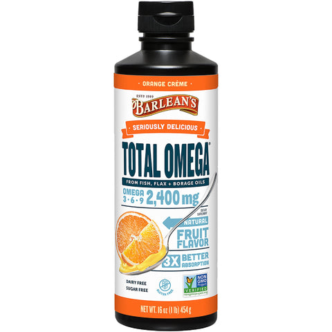 Barlean's Total Omega 3 Fish Oil Liquid Supplement, Orange CrÃ¨me Flavored with Borage Oil and Flaxseed Oil, 2,400 mg of Omegas 3 6 9 EPA and DHA Plus GLA, 16 oz