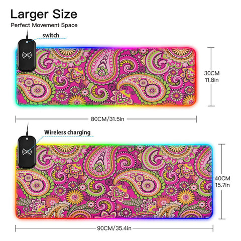 Asian Style Boho Wireless Charging Mouse Pad for Mobile Phone Extra Large Gaming Mousepad with 13 Lighting Modes Computer Mat for Gaming MacBook PC Laptop Desk Office Home