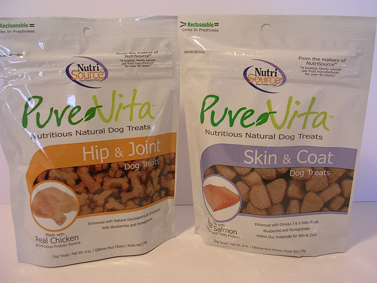 Pure Vita Dog Treats Bundle of 2-6 oz Bags - Salmon Skin & Coat and Chicken Hip & Joint