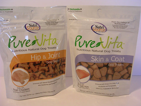 Pure Vita Dog Treats Bundle of 2-6 oz Bags - Salmon Skin & Coat and Chicken Hip & Joint