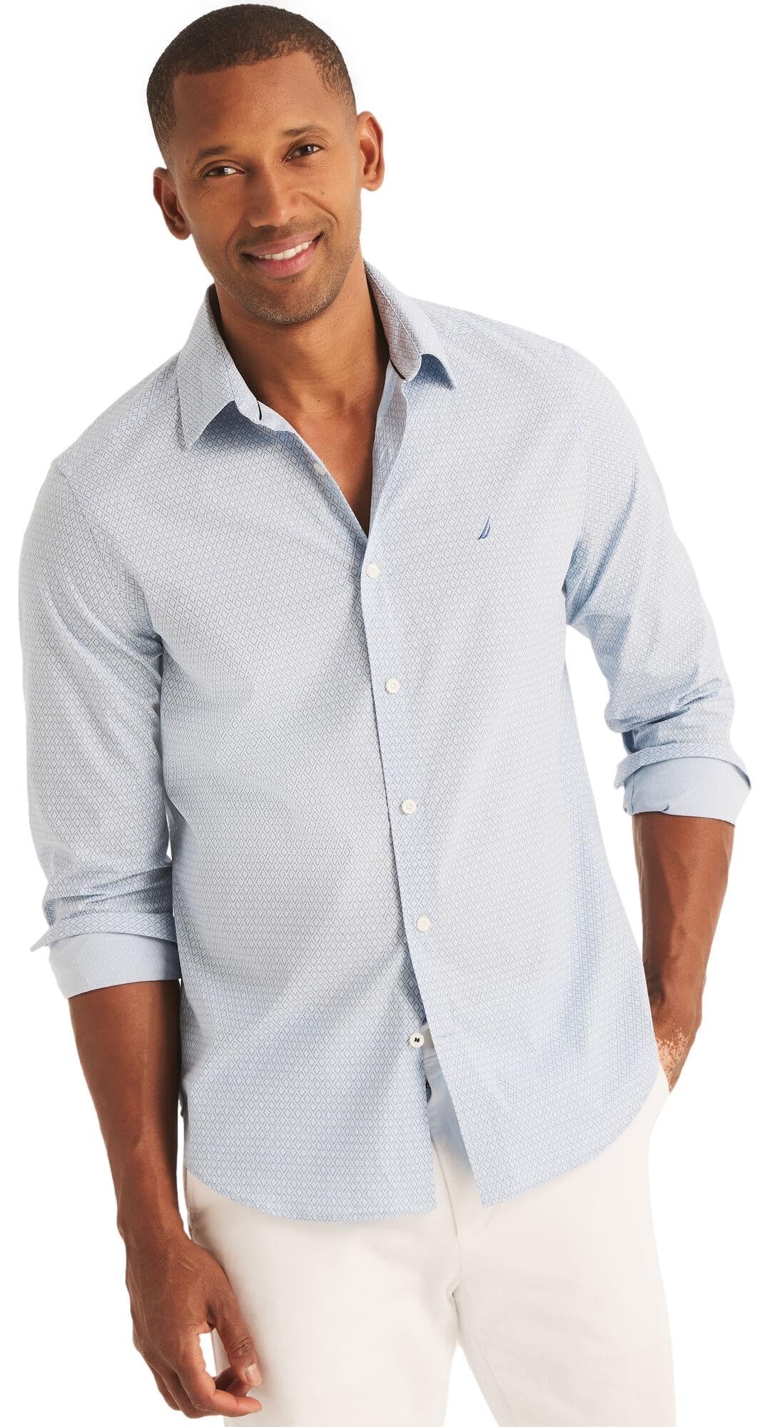 NAUTICA Men's Wrinkle Resistant Long Sleeve Button Front Shirt (XXL, PrintCrystalBlue)