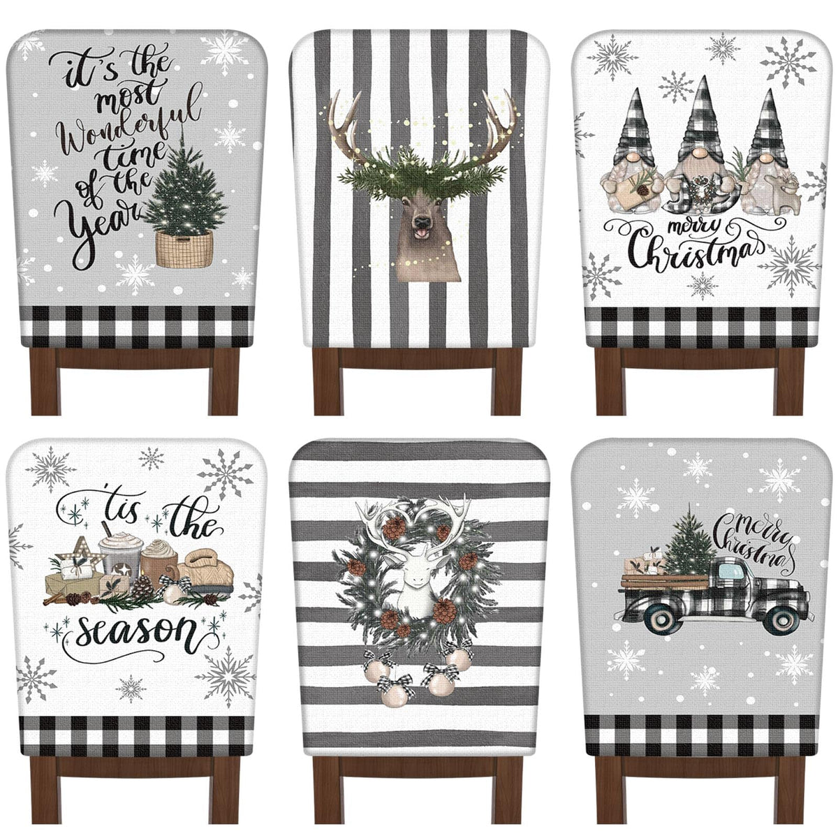 FuWeave 6 Pcs Christmas Chair Covers Christmas Chair Back Covers Xmas Chair Protector Slipcovers Washable Winter Dining Room Seat Covers for Home Hotel Kitchen Decorations (Black and White Checker)