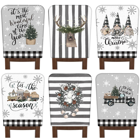 FuWeave 6 Pcs Christmas Chair Covers Christmas Chair Back Covers Xmas Chair Protector Slipcovers Washable Winter Dining Room Seat Covers for Home Hotel Kitchen Decorations (Black and White Checker)