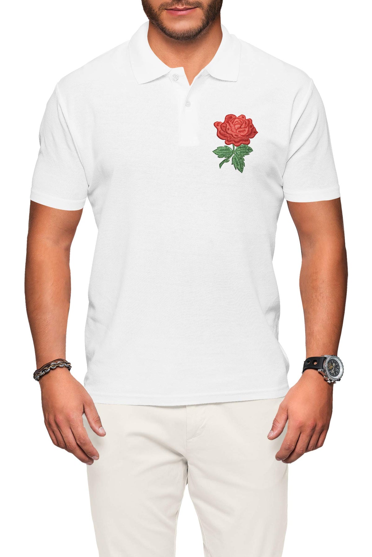 England Rose Polo Shirt for Men Embroidered England Rugby Supporters Rose (White, XXXX-Large)