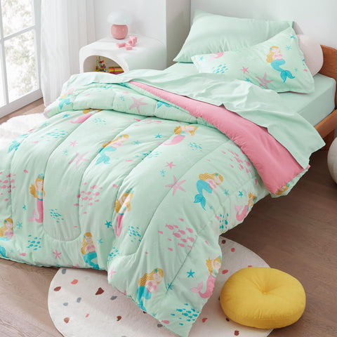 SLEEP ZONE Kids Twin Bedding Comforter Set - Super Cute & Soft Kids Bedding 5 Pieces Set with Comforter, Sheet, Pillowcase & Sham (Mermaid Princess)