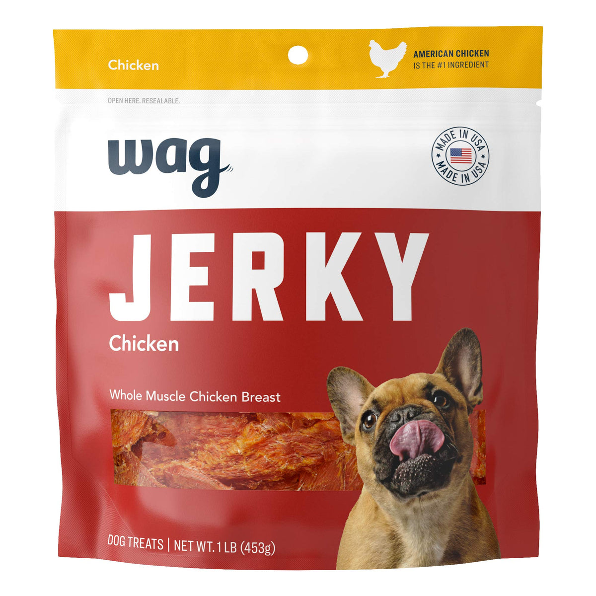 Amazon Brand - Wag Chewy Whole Muscle American Jerky Dog Treats - Chicken (1 lb), Grain Free