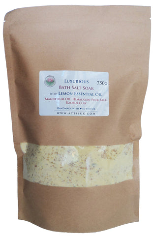 ATTIS Luxurious Bath Salt Soak with Lemon Essential Oil, Magnesium Oil, Kaolin Clay | Vegan | Hand made | Relaxing | Refreshing | Rejuvenating | (750g)