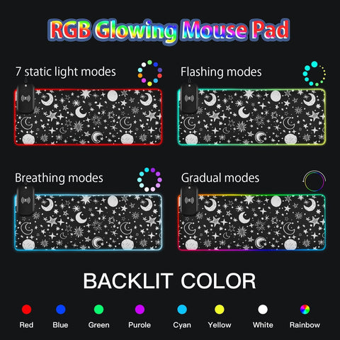 Doodle Stars Moon Wireless Charging Mouse Pad for Mobile Phone Extra Large Gaming Mousepad with 13 Lighting Modes Keyboard Mat for Gaming MacBook PC Laptop Desk Office Home