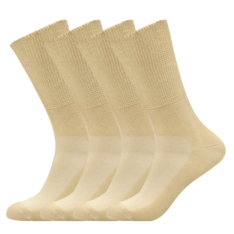 Busy Socks Non-Binding Top Diabetic Socks for Men Women, Thin Soft Crew Mid Calf Socks with Seamless Toe, 4 Pairs Beige, XL