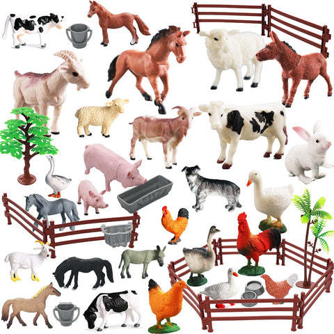 Realistic Farm Animal Figures Toys, 44 Pcs Plastic Farm Figurines Playset Includes Fences Mini Farm Animal Cake Topper Learning Toy Set for Kids & Toddlers